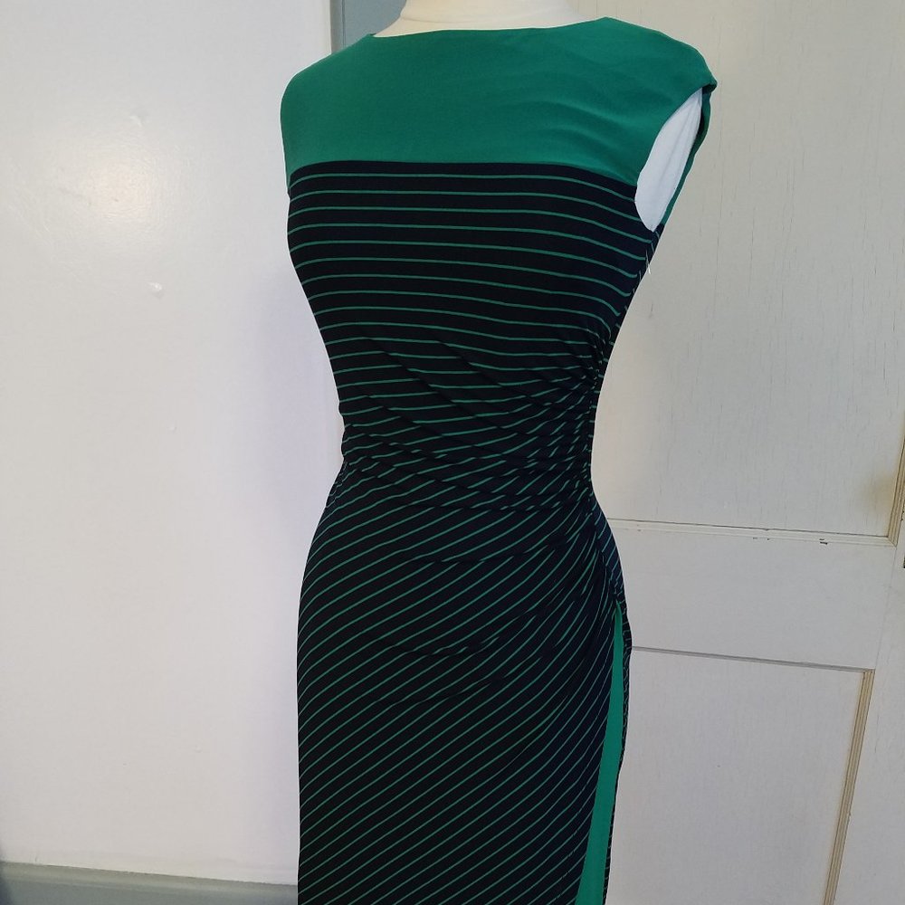 Green & Navy Yoke Stripe Sleeveless Sheath Office